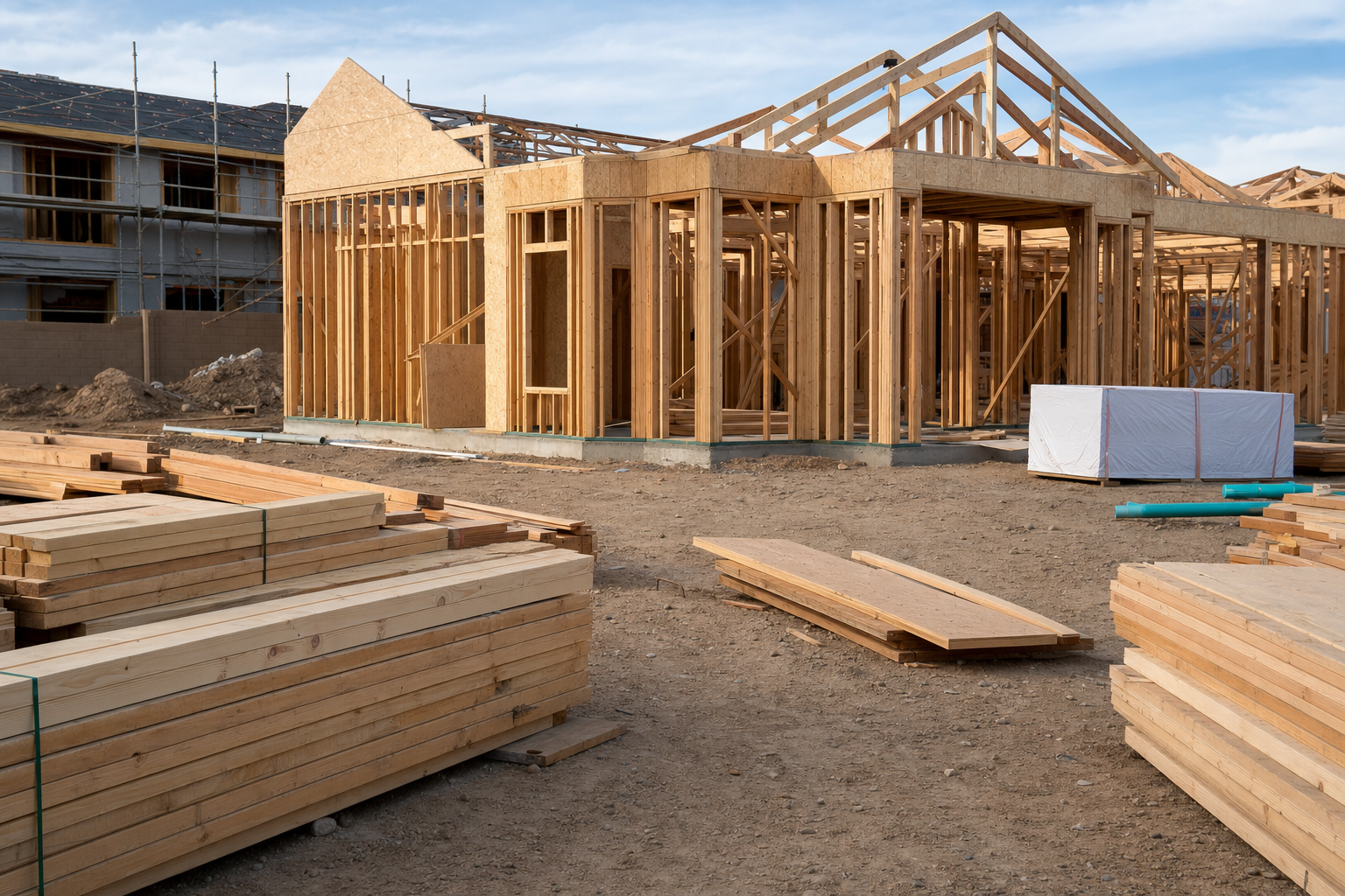Residential home construction job site with wood framing and building materials, representative of the home building industry in this story