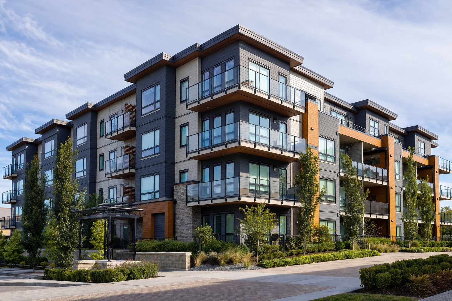 Exterior of a modern multifamily apartment building, representative of the property management industry in this story